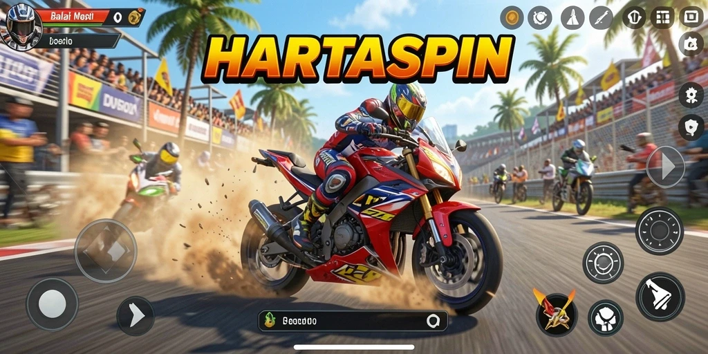 Gameplay HARTASPIN menampilkan kecepatan tinggi dan balapan motor yang seru.