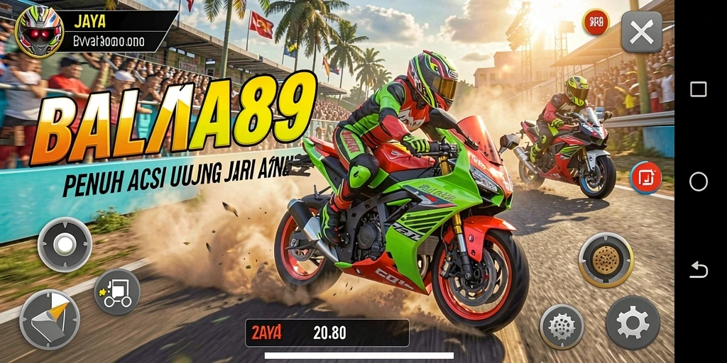 Screenshot gameplay JAYA89 menunjukkan aksi balapan motor yang seru dan mendebarkan.