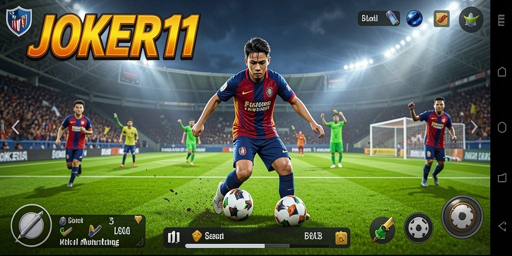 Screenshot gameplay JOKER11 dengan aksi pemain sepak bola yang dinamis.
