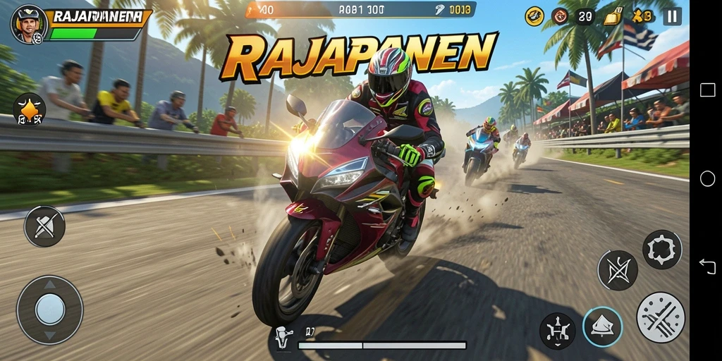 Screenshot utama RAJAPANEN menampilkan aksi balapan motor yang seru.