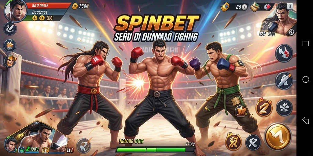 Screenshot gameplay SPINBET menunjukkan pertarungan seru antara karakter.